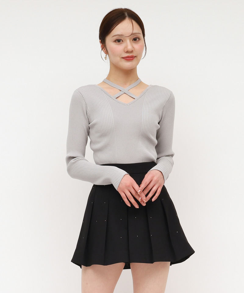 2wayクロスネックリブニットトップス 詳細画像 グレー 1