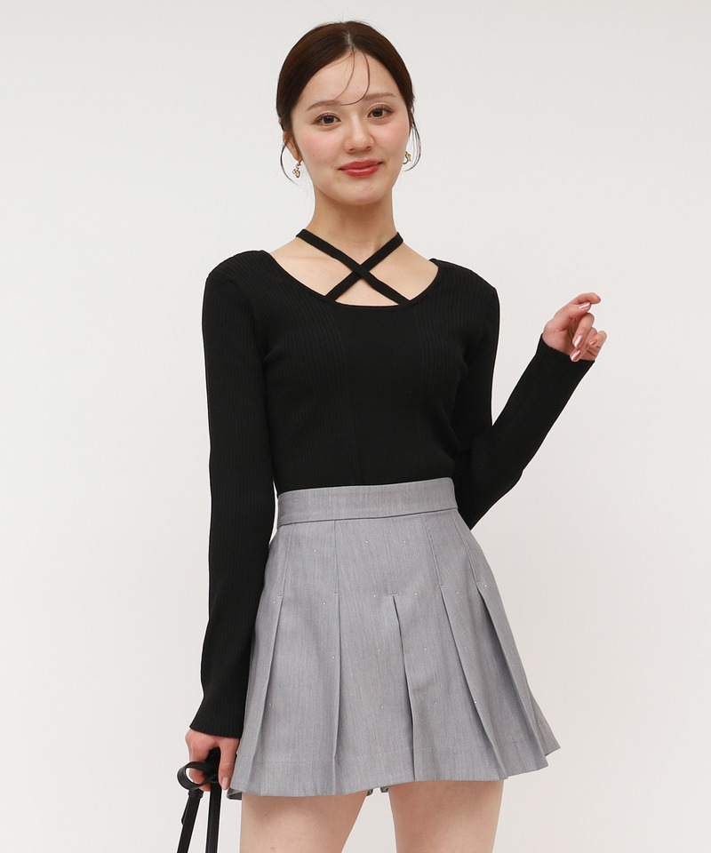 2wayクロスネックリブニットトップス 詳細画像 ブラック 1