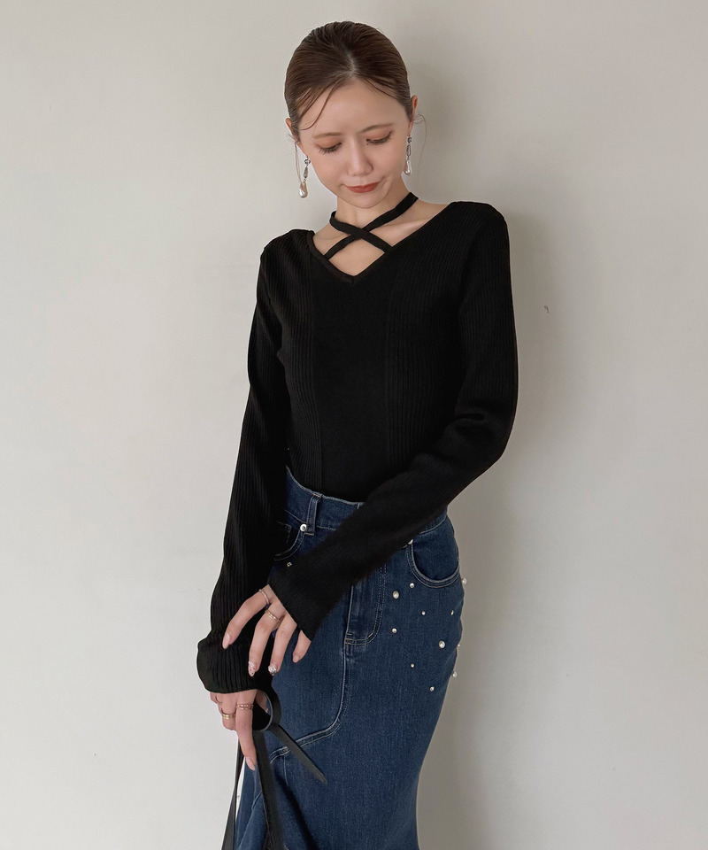 2wayクロスネックリブニットトップス 詳細画像 ブラック 10