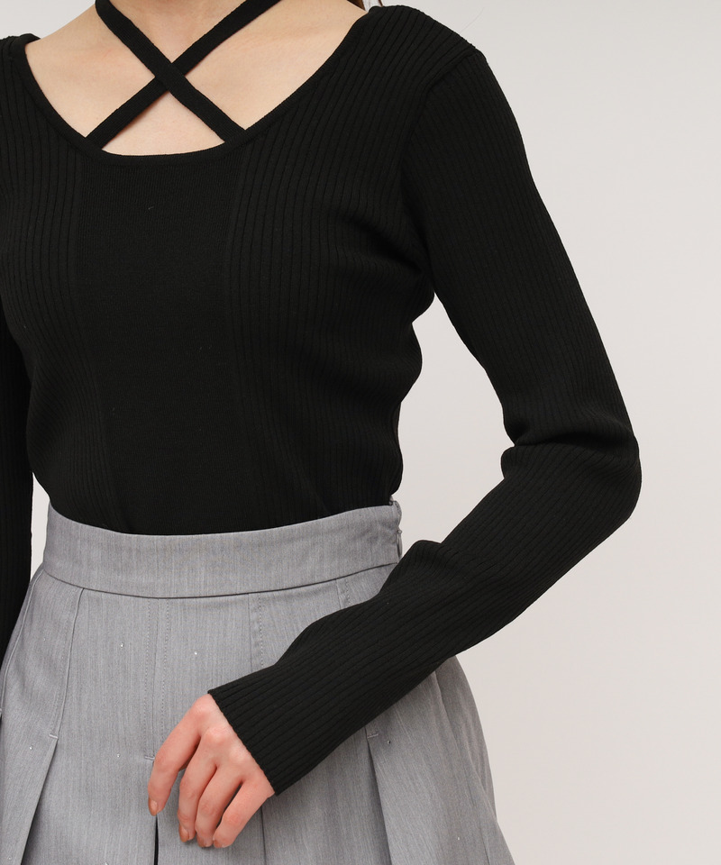 2wayクロスネックリブニットトップス 詳細画像 ブラック 6