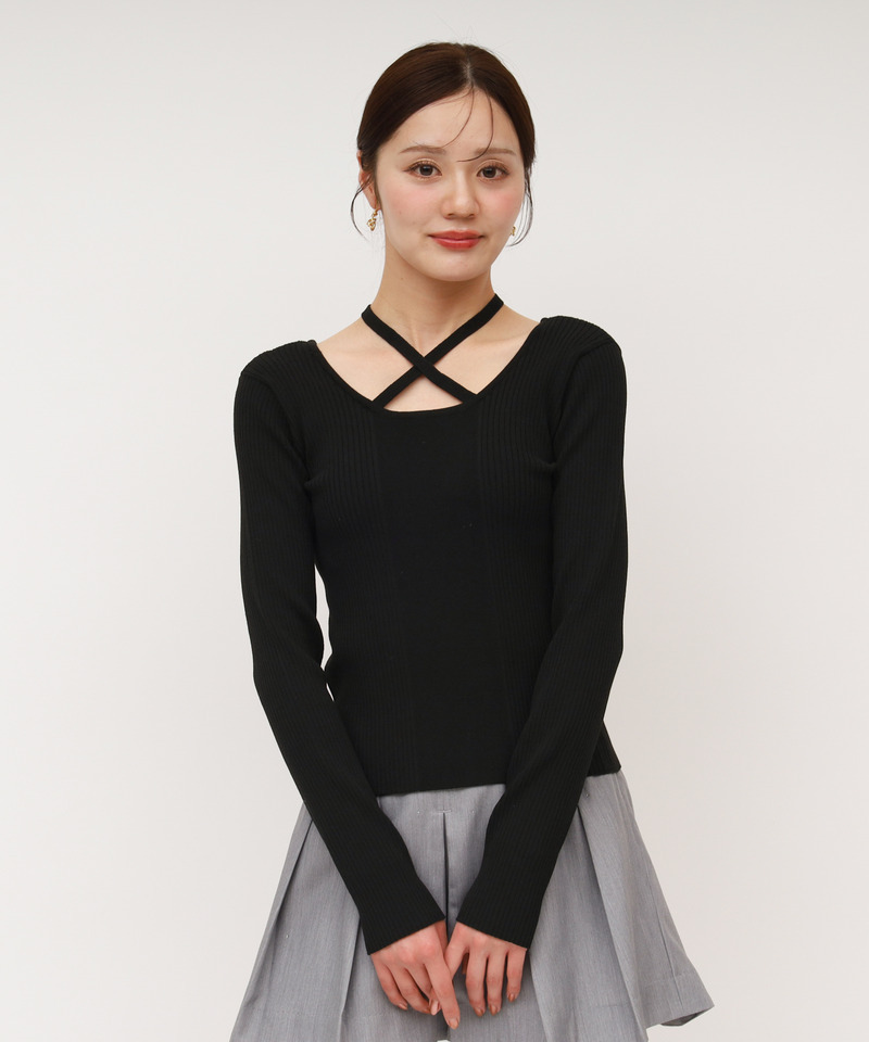 2wayクロスネックリブニットトップス 詳細画像 ブラック 8