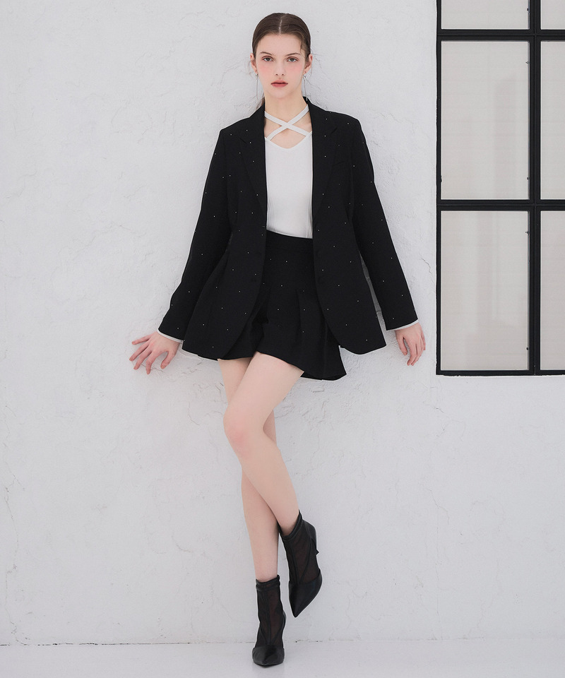 ラインストーンタックプリーツミニスカパン 詳細画像 ブラック 1