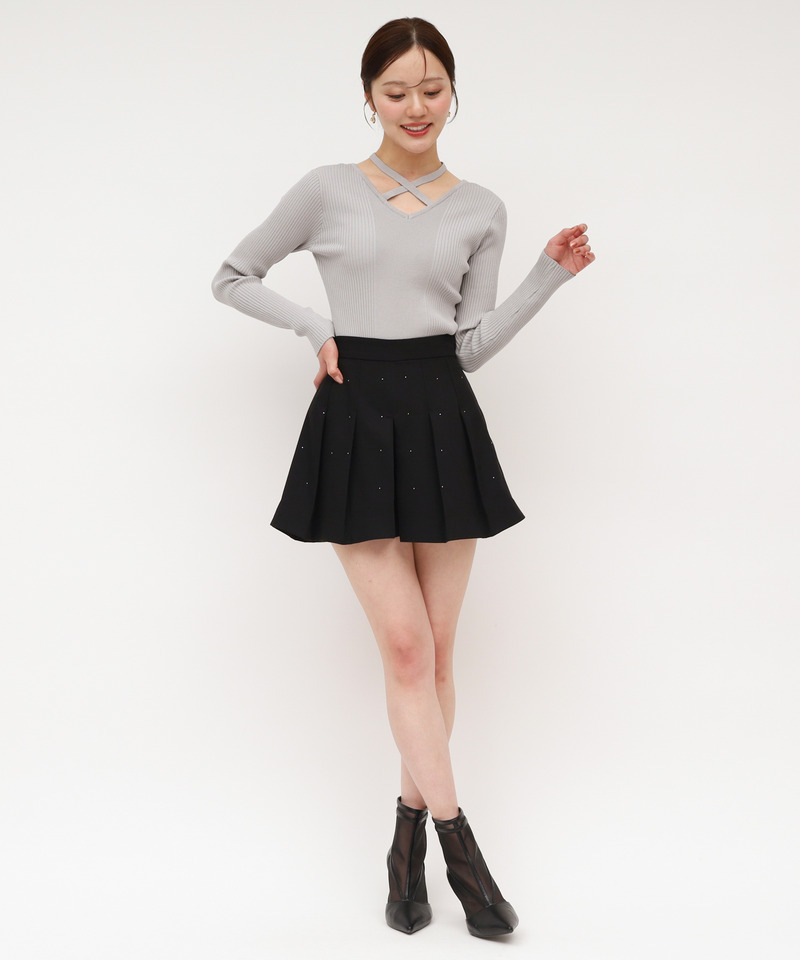 ラインストーンタックプリーツミニスカパン 詳細画像 ブラック 3