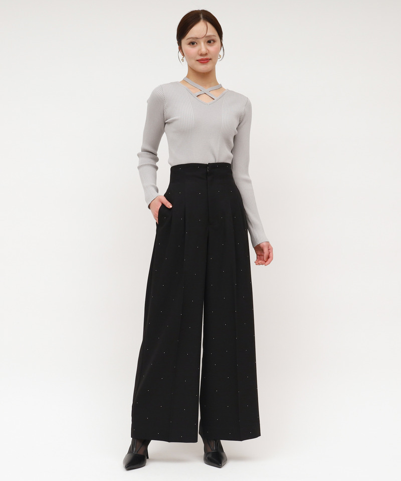 ラインストーンタックワイドパンツ 詳細画像 ブラック 2