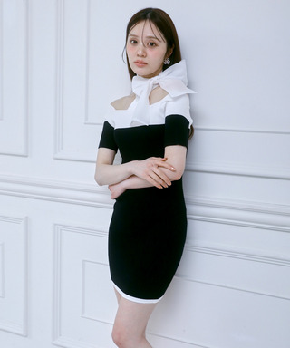 配色リボンニットタイトミニワンピース