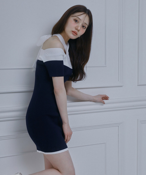 配色リボンニットタイトミニワンピース 詳細画像