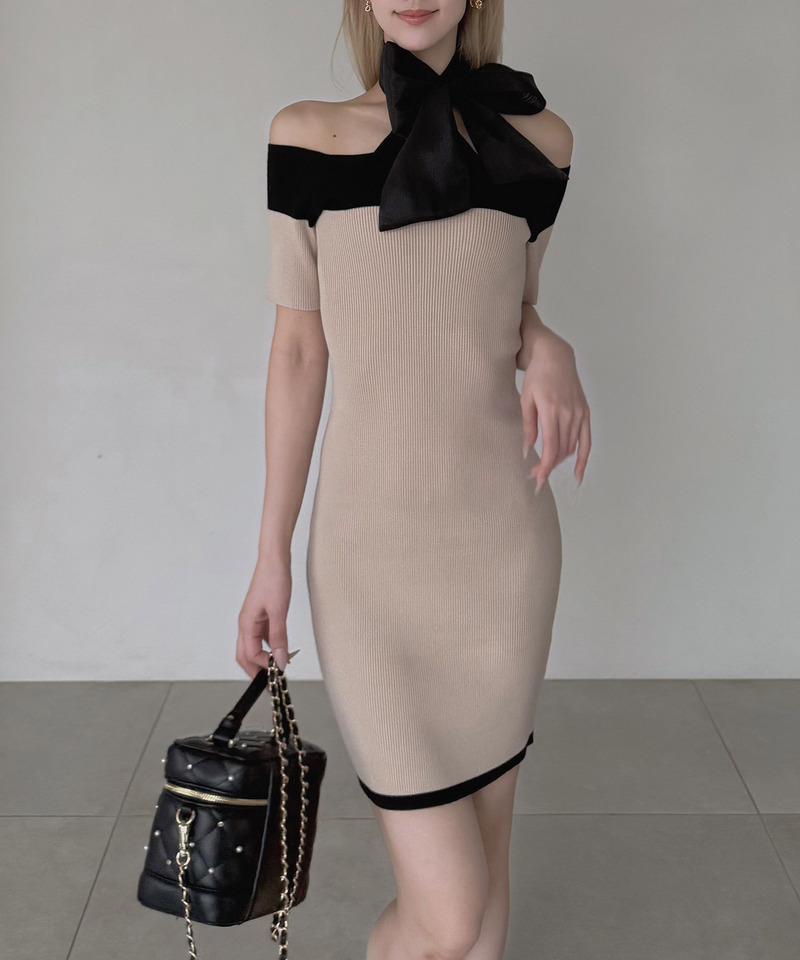 配色リボンニットタイトミニワンピース 詳細画像 ベージュ 2