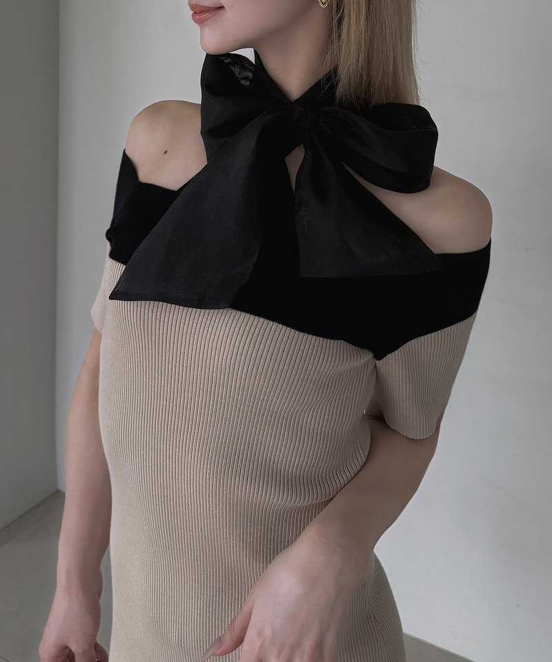 配色リボンニットタイトミニワンピース 詳細画像 ベージュ 3