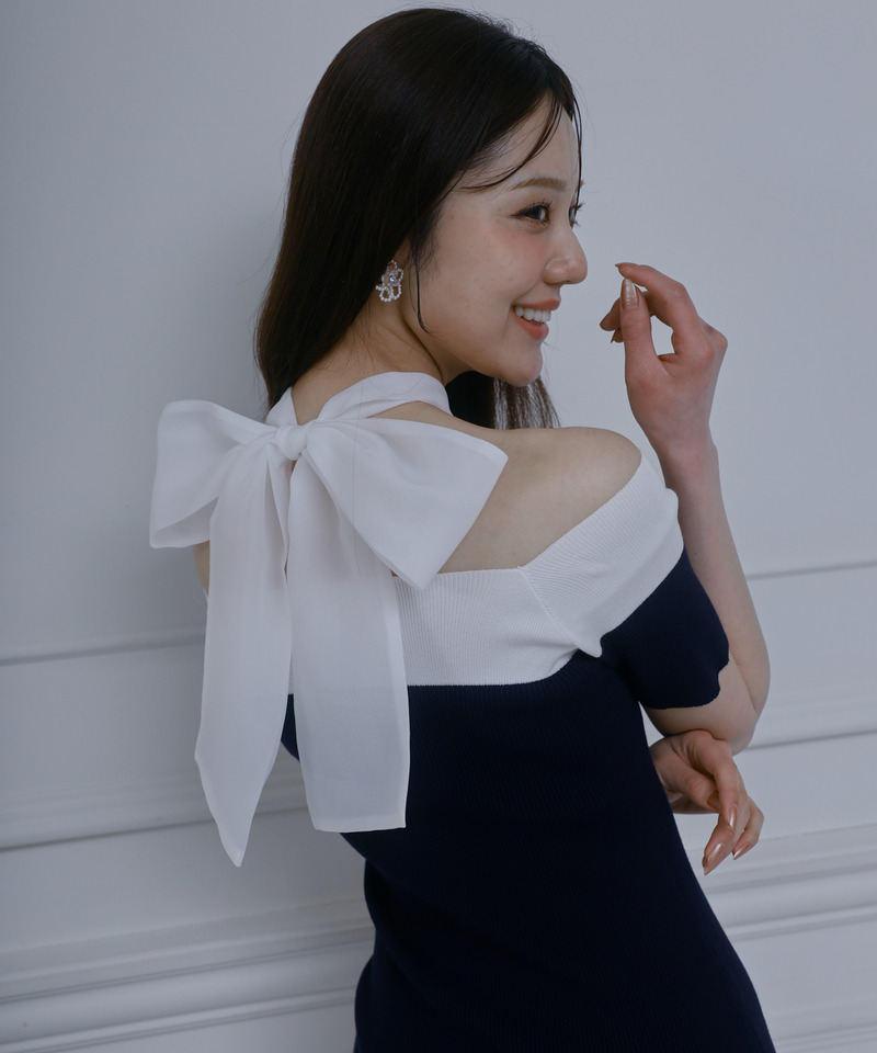 配色リボンニットタイトミニワンピース 詳細画像 ネイビー 2
