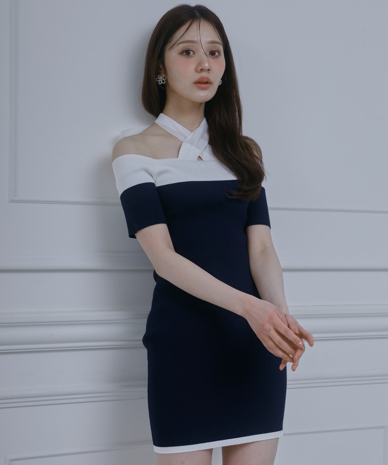 配色リボンニットタイトミニワンピース 詳細画像 ネイビー 3