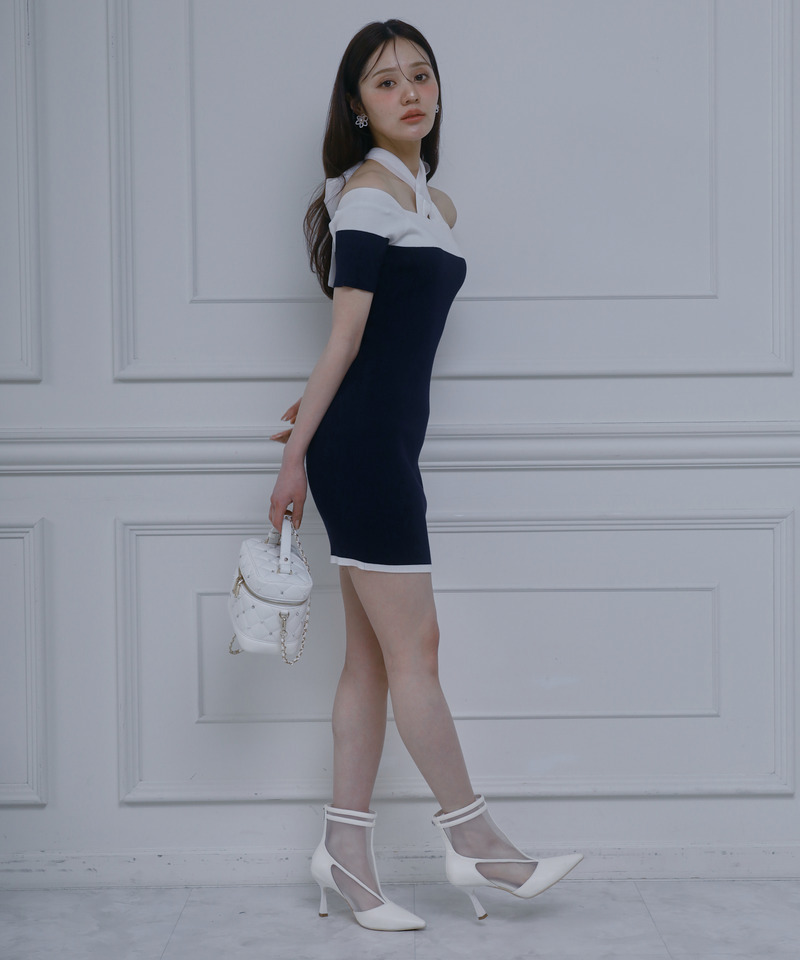 配色リボンニットタイトミニワンピース 詳細画像 ネイビー 4