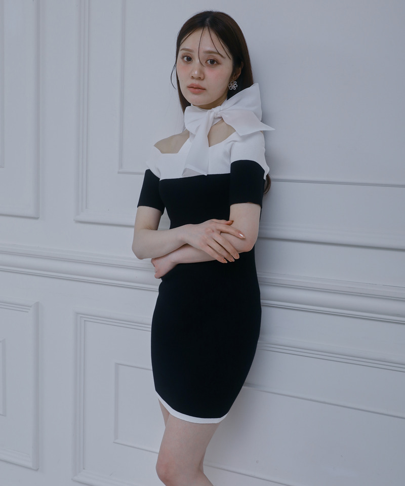 配色リボンニットタイトミニワンピース 詳細画像 ブラック 1