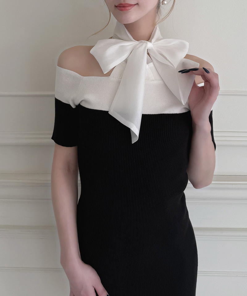 配色リボンニットタイトミニワンピース 詳細画像 ブラック 2