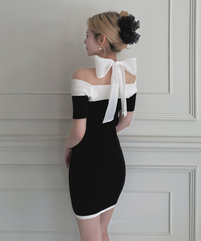 配色リボンニットタイトミニワンピース 詳細画像 ブラック 3