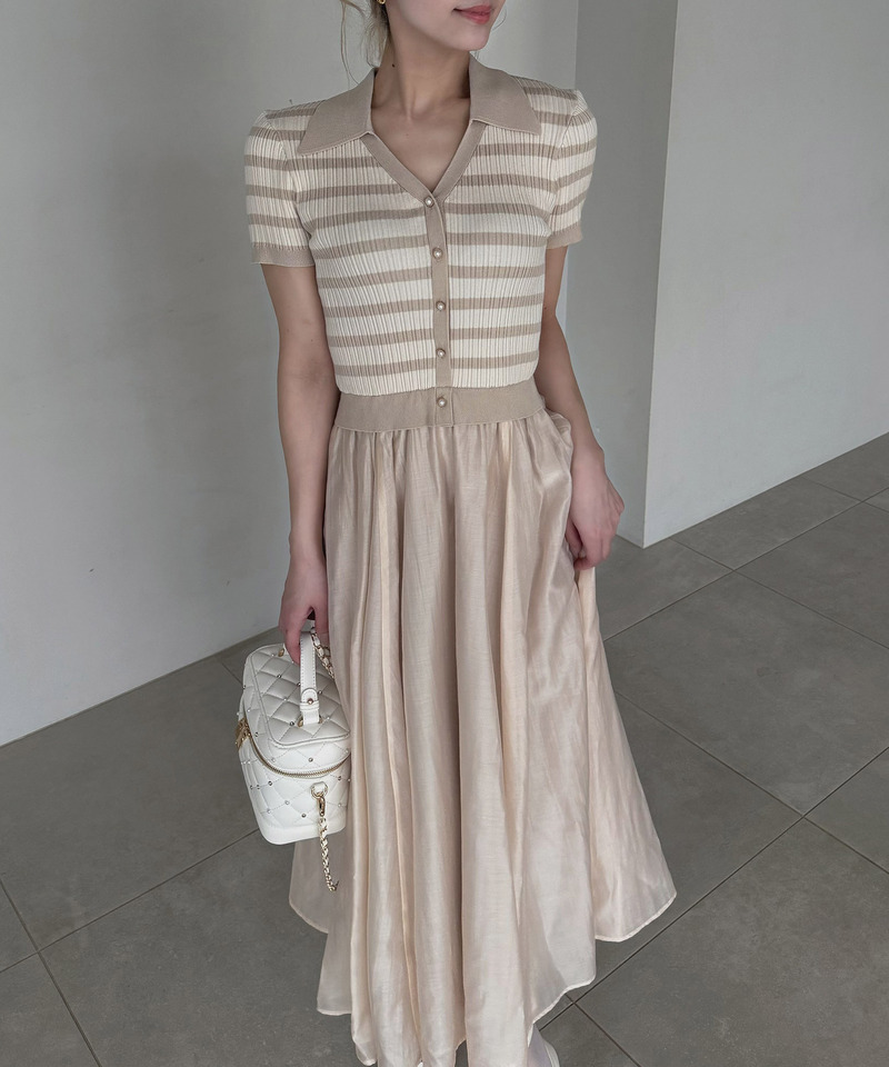 ボーダーニットドッキングフレアワンピース 詳細画像 ベージュ 4