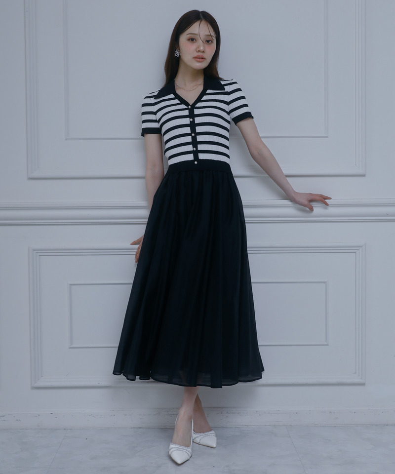 ボーダーニットドッキングフレアワンピース 詳細画像 ブラック 1