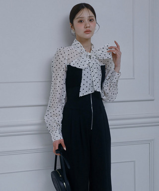 ドットブラウスドッキングニットトップス