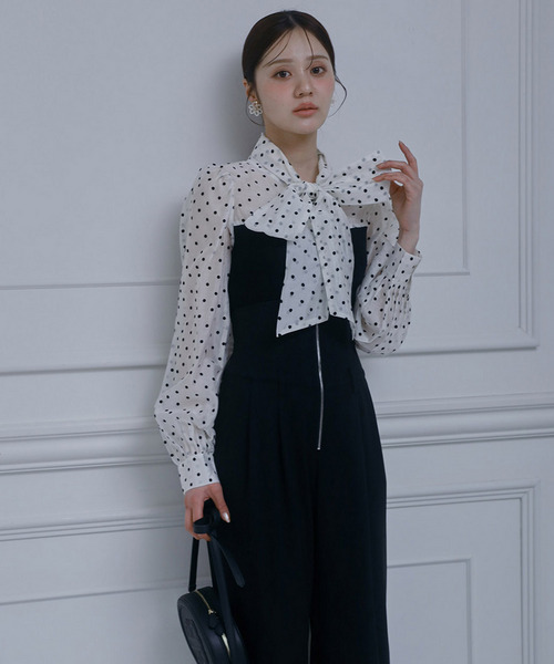 ドットブラウスドッキングニットトップス 詳細画像