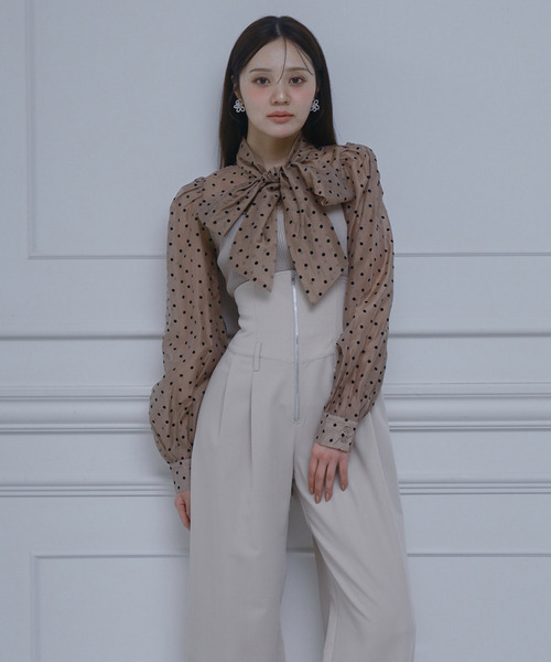 ドットブラウスドッキングニットトップス 詳細画像