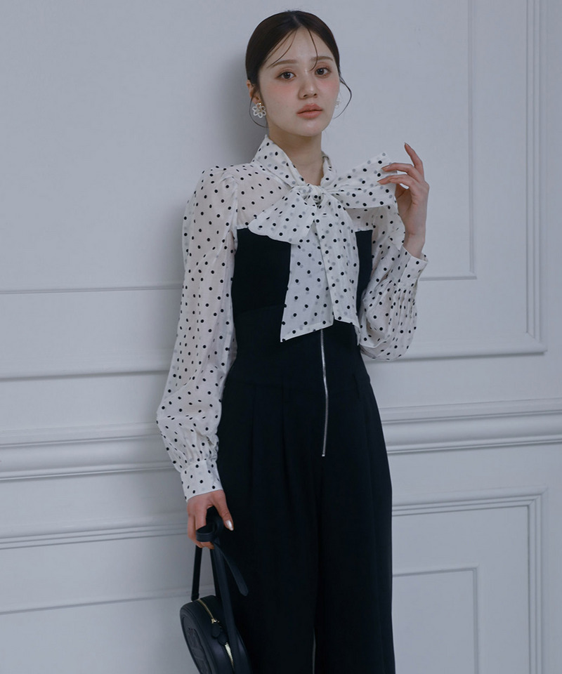 ドットブラウスドッキングニットトップス 詳細画像 オフホワイト 1