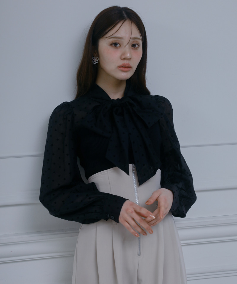 ドットブラウスドッキングニットトップス 詳細画像 ブラック 1