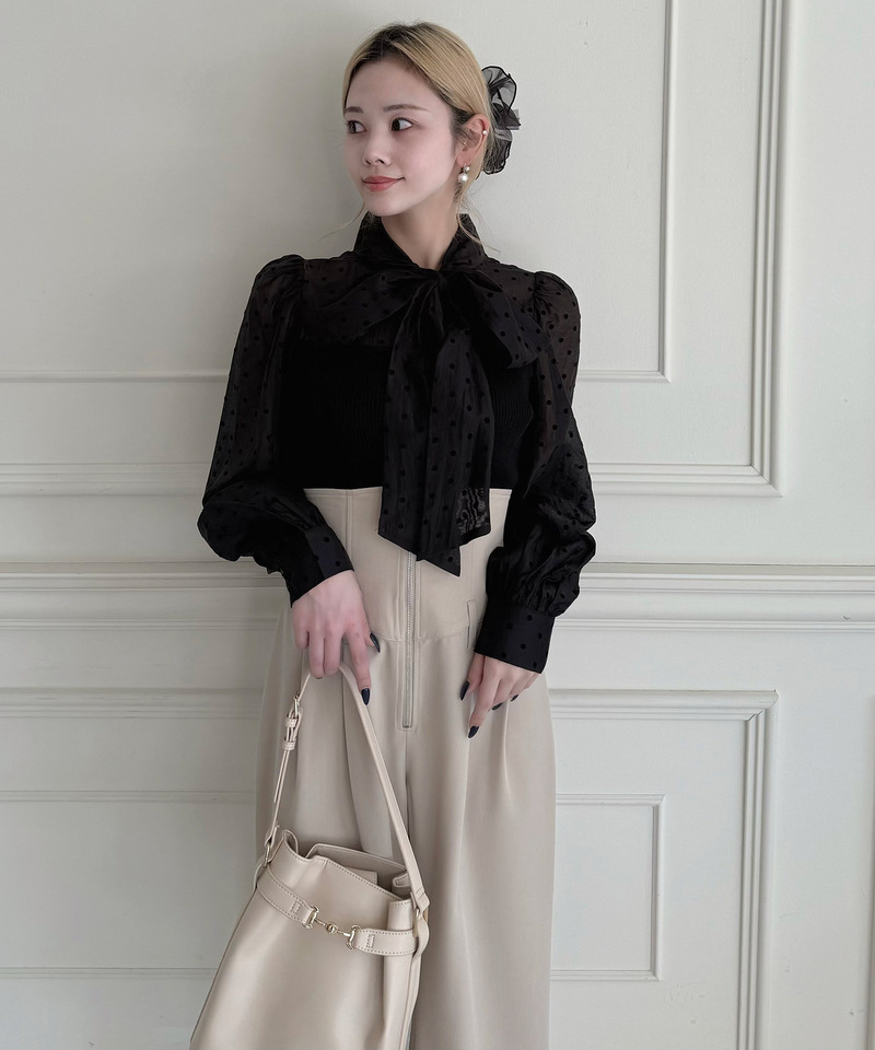 ドットブラウスドッキングニットトップス 詳細画像 ブラック 2