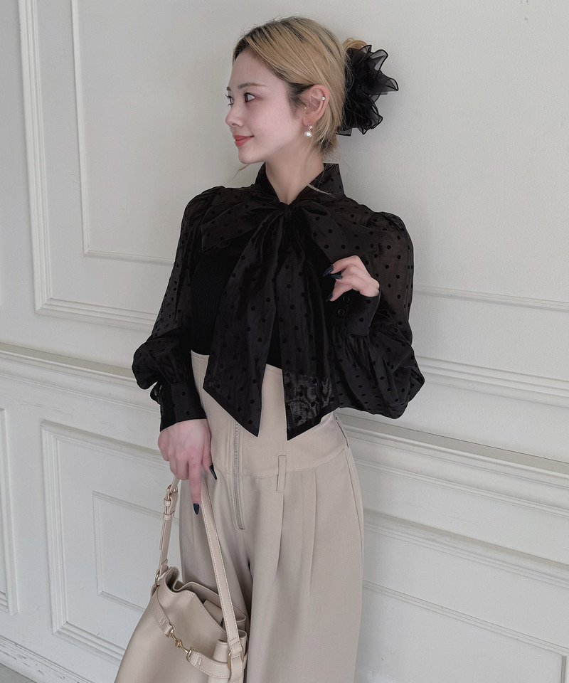 ドットブラウスドッキングニットトップス 詳細画像 ブラック 3