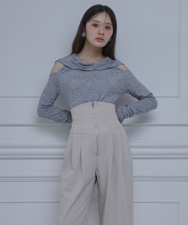 オフショルフーディーカットトップス 詳細画像 グレー 1