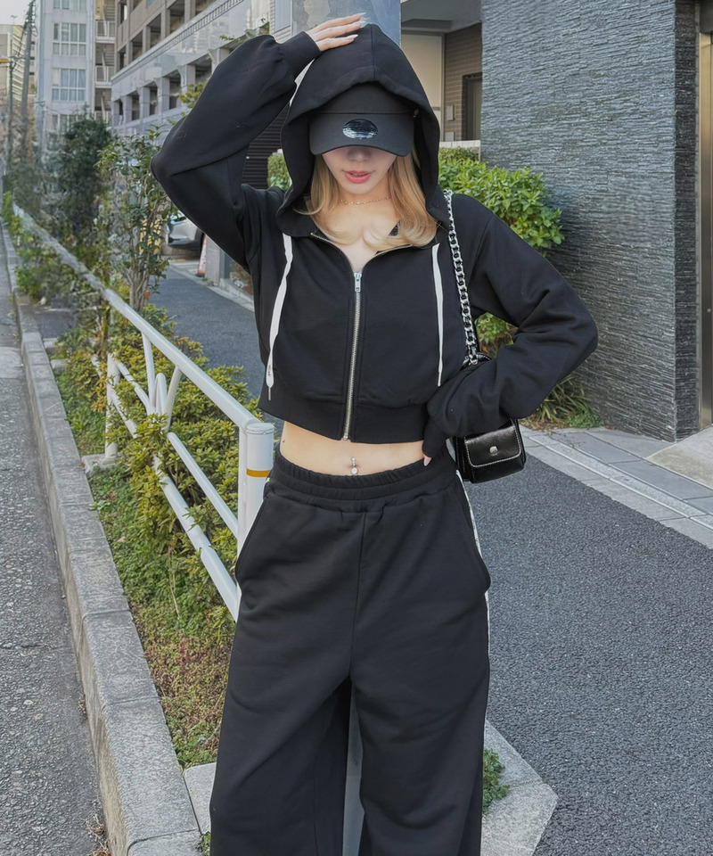 【ONLINE限定/丈が選べる】配色ロゴ裏毛パーカーセットアップ 詳細画像 ブラック 2