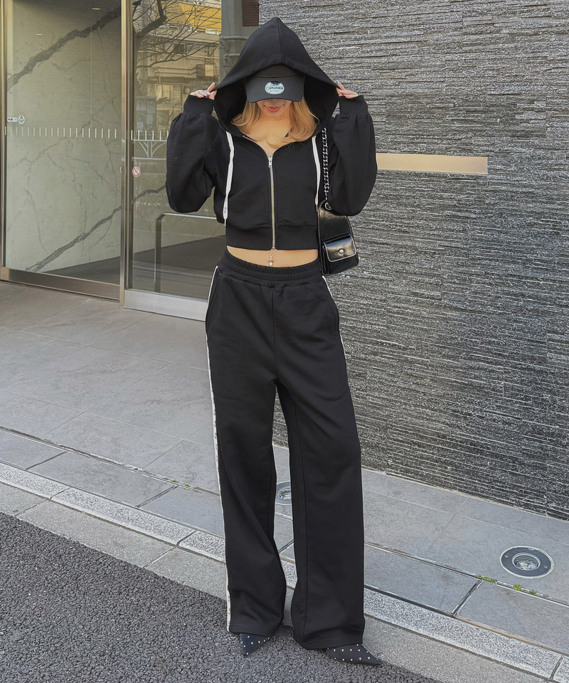 【ONLINE限定/丈が選べる】配色ロゴ裏毛パーカーセットアップ 詳細画像 ブラック 6