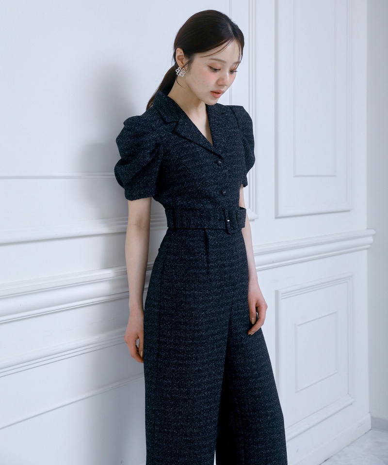 【ONLINE限定カラーあり/丈が選べる】ツイードテーラーオールインワン 詳細画像 ブラック 2