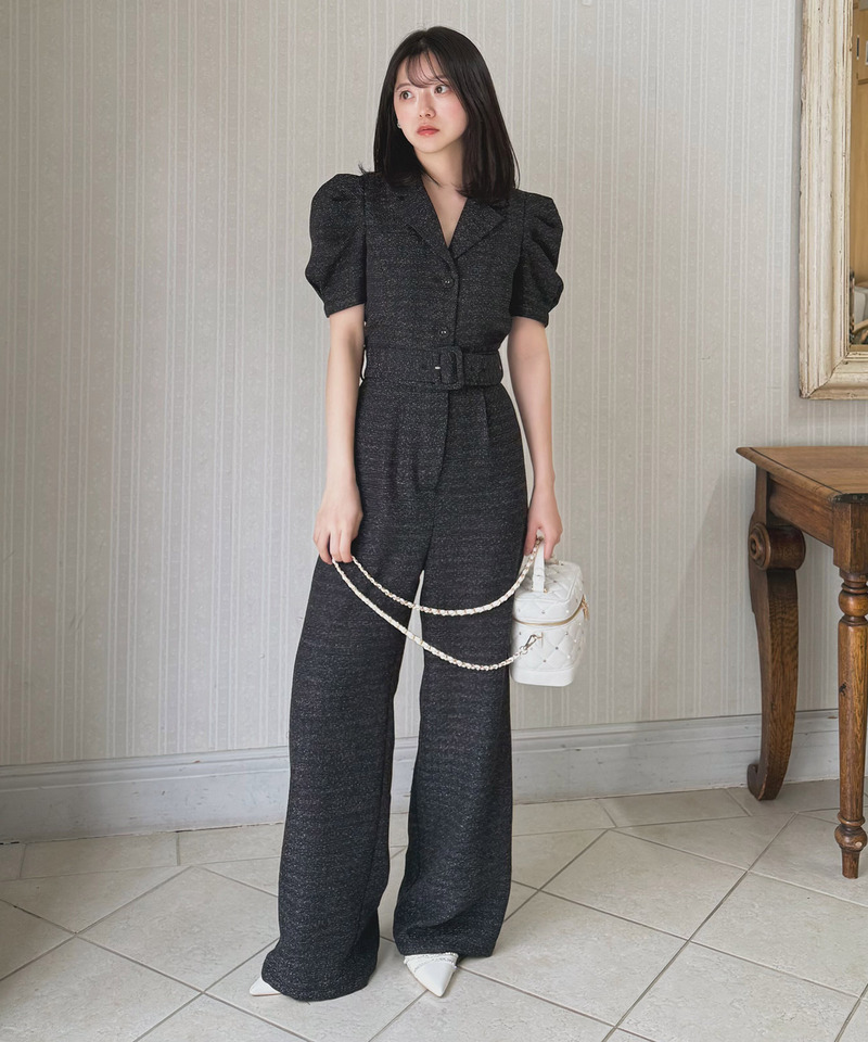 【ONLINE限定カラーあり/丈が選べる】ツイードテーラーオールインワン 詳細画像 ブラック 3