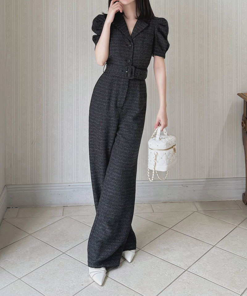 【ONLINE限定カラーあり/丈が選べる】ツイードテーラーオールインワン 詳細画像 ブラック 4