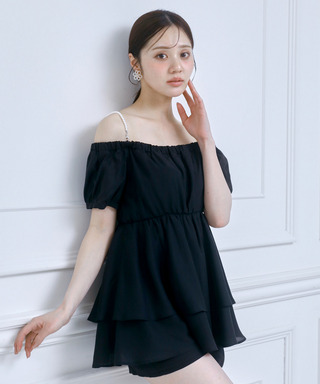 パールストラップラッフルブラウスセットアップ