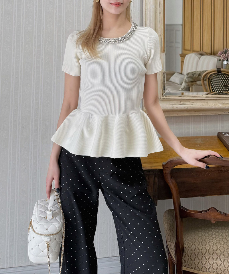 ネックビジューペプラムニットトップス 詳細画像 オフホワイト 2