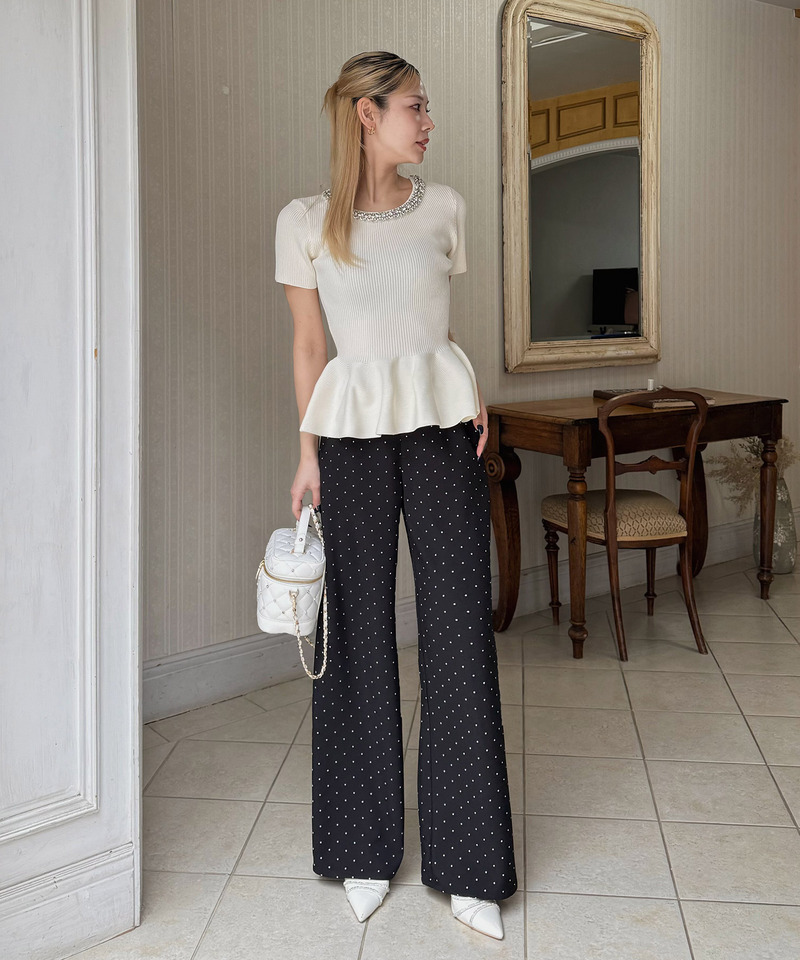 ネックビジューペプラムニットトップス 詳細画像 オフホワイト 3