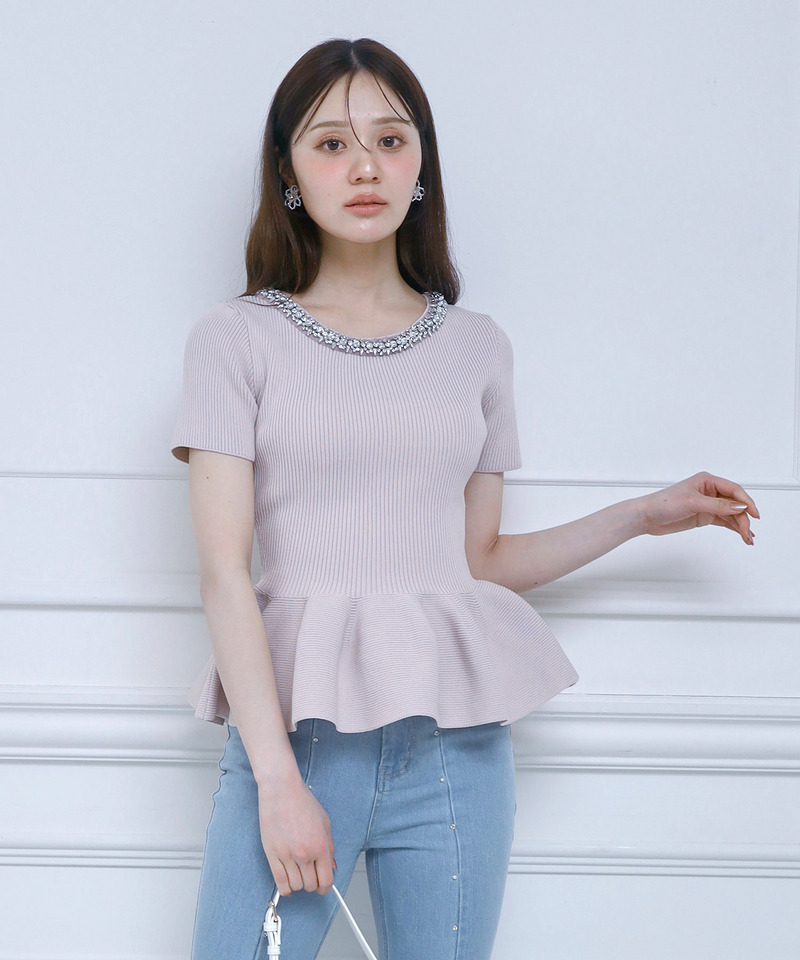 ネックビジューペプラムニットトップス 詳細画像 ピンク 1