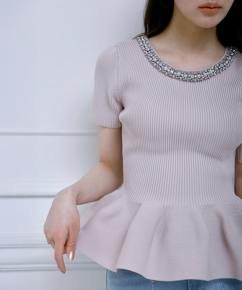 ネックビジューペプラムニットトップス 詳細画像 ピンク 2