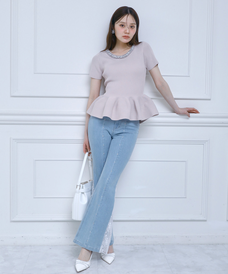 ネックビジューペプラムニットトップス 詳細画像 ピンク 3