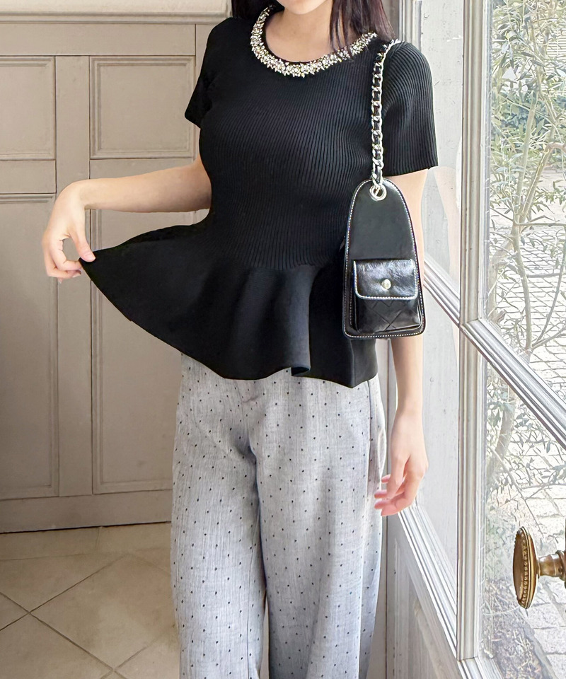 ネックビジューペプラムニットトップス 詳細画像 ブラック 2