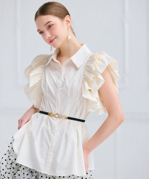 ウエストシェイプラッフルスリーブブラウス
