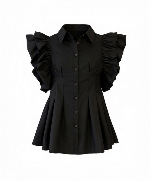 ウエストシェイプラッフルスリーブブラウス