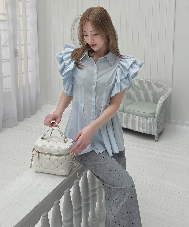 ウエストシェイプラッフルスリーブブラウス 詳細画像 ブルー 1