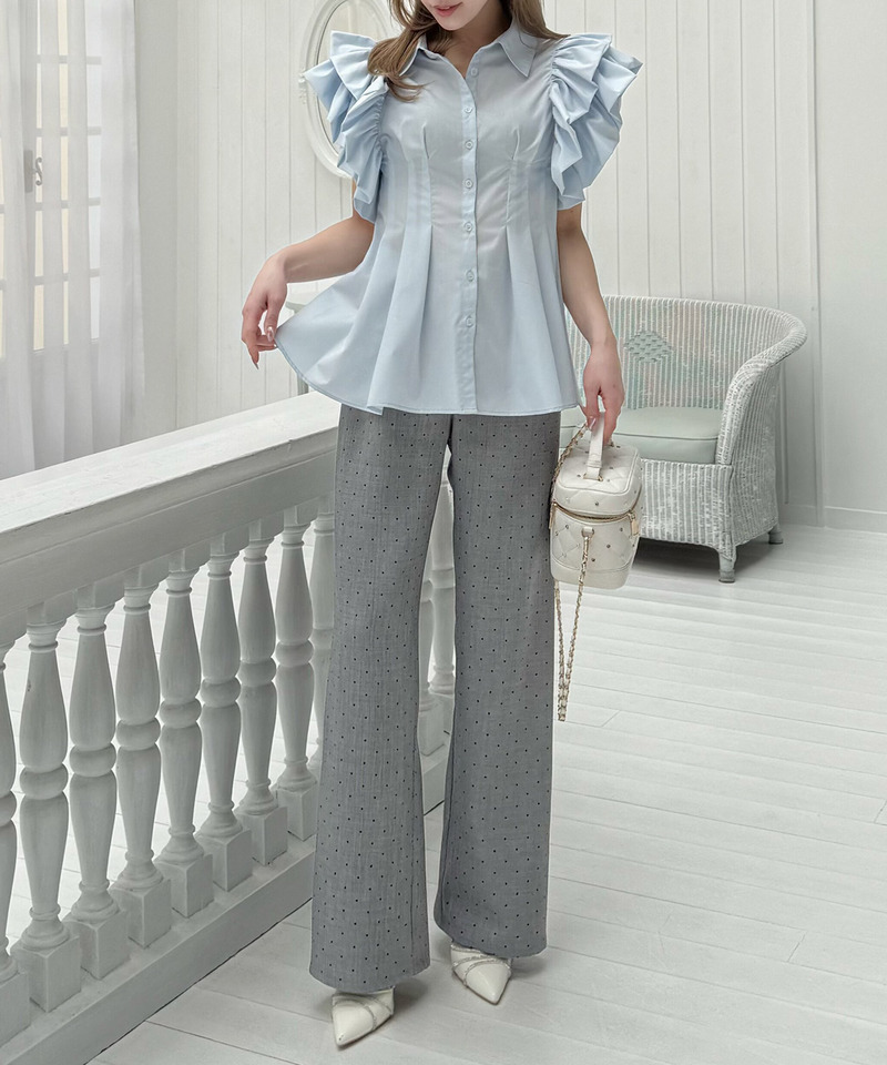 ウエストシェイプラッフルスリーブブラウス 詳細画像 ブルー 3