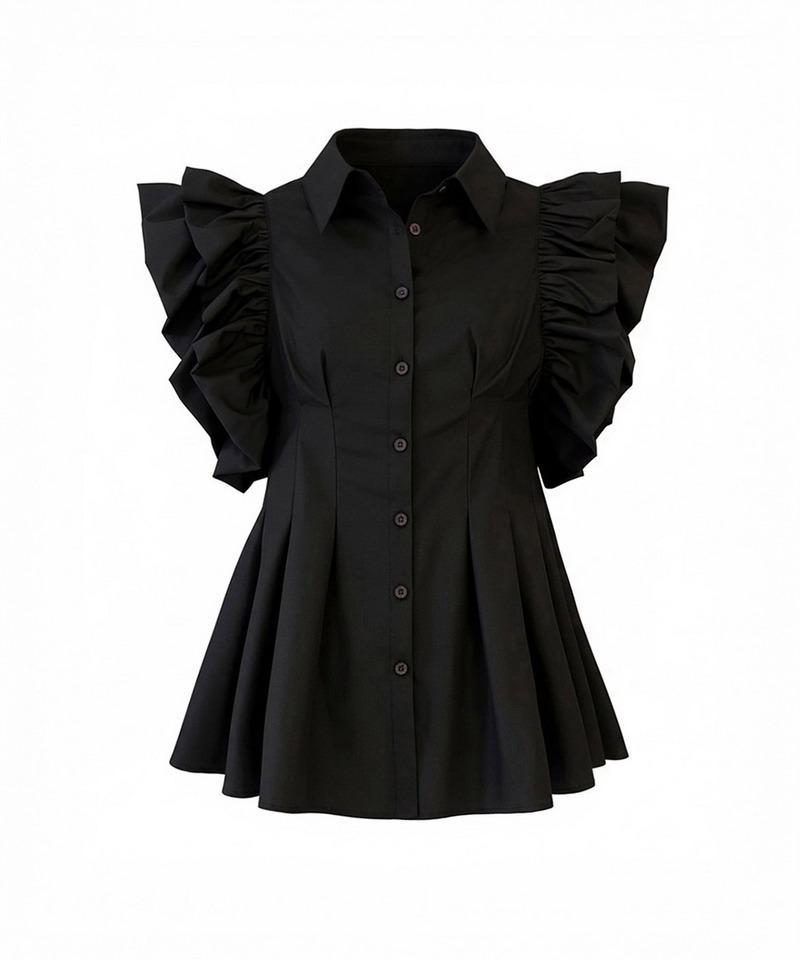 ウエストシェイプラッフルスリーブブラウス 詳細画像 ブラック 1