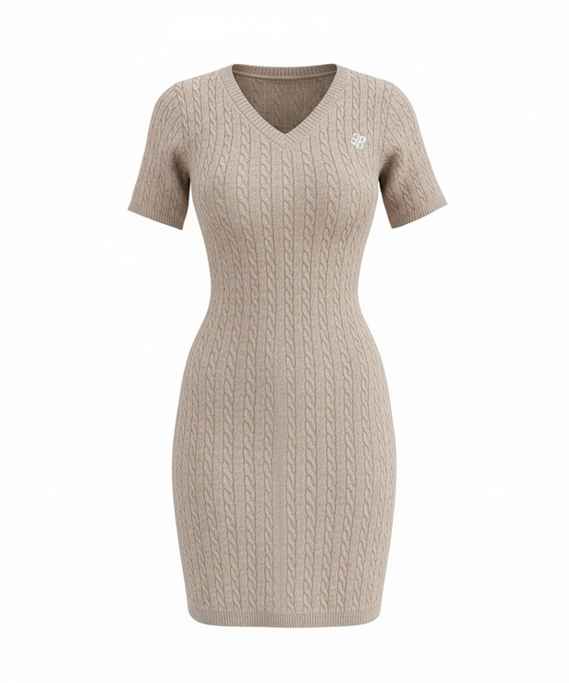 【ONLINE限定カラーあり】ロゴ刺しゅうケーブルニットミニワンピース 詳細画像 ベージュ 1