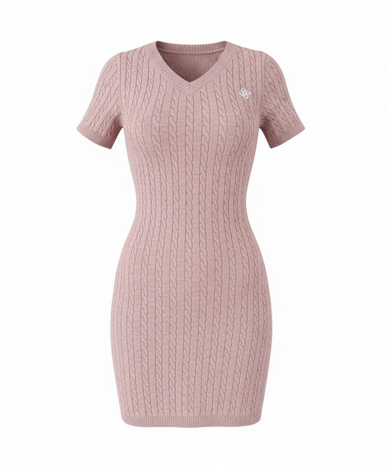 【ONLINE限定カラーあり】ロゴ刺しゅうケーブルニットミニワンピース 詳細画像 ピンク 1