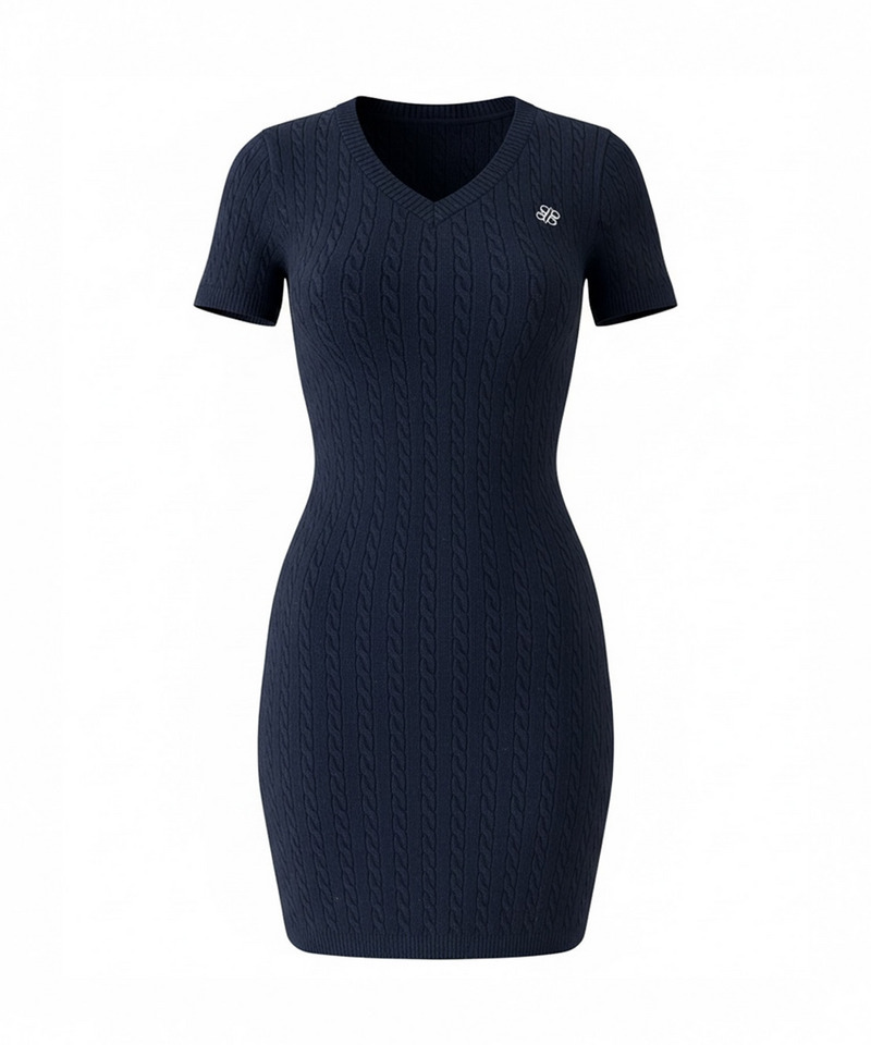 【ONLINE限定カラーあり】ロゴ刺しゅうケーブルニットミニワンピース 詳細画像 ネイビー 1