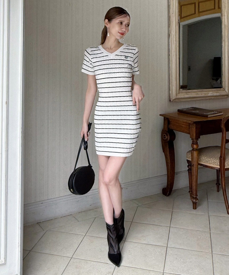 【ONLINE限定カラーあり】ロゴ刺しゅうケーブルニットミニワンピース 詳細画像 ボーダー 4