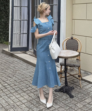 ハートボタンラッフルスリーブドットワンピース